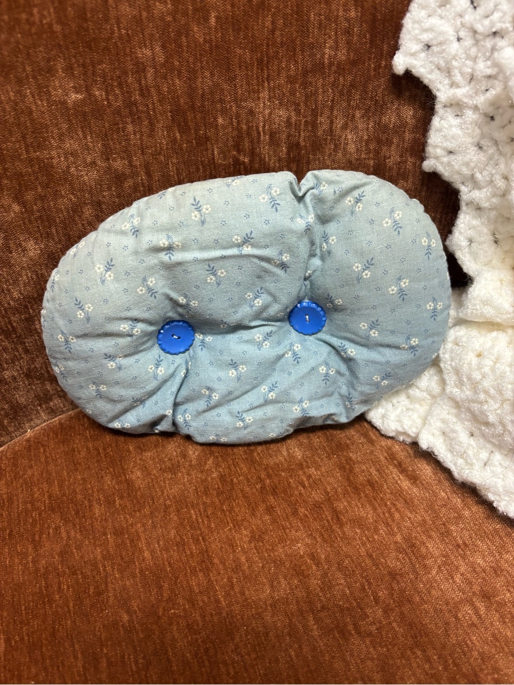 Blue Floral Kids Neck Pillow with Button Accents -Vintage
